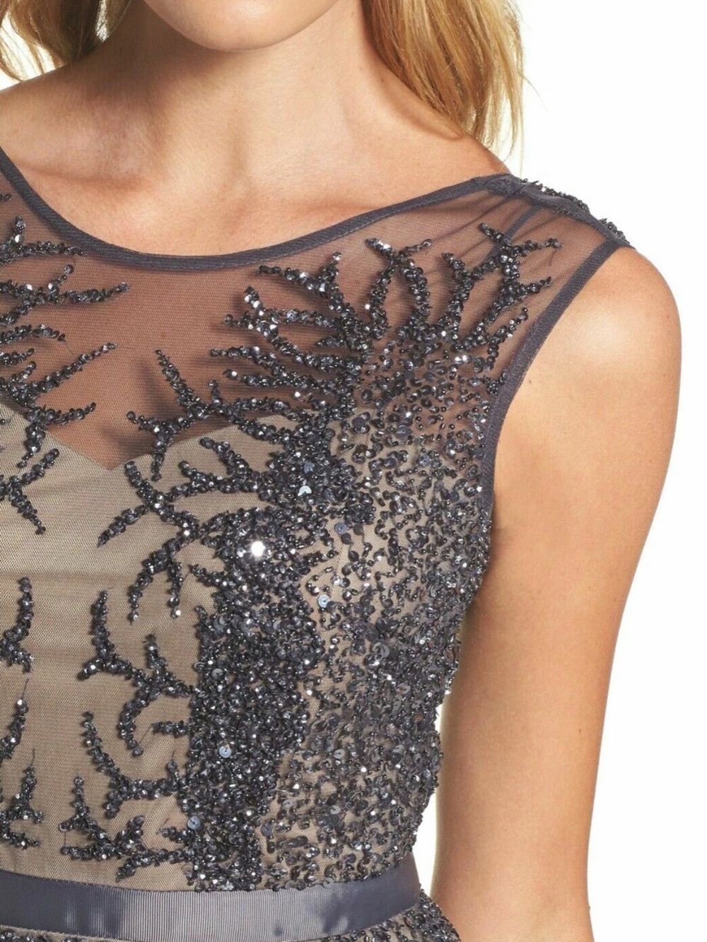 Adrianna Papell beaded mermaid mesh gown in graphite and taupe - Picture 3 of 15
